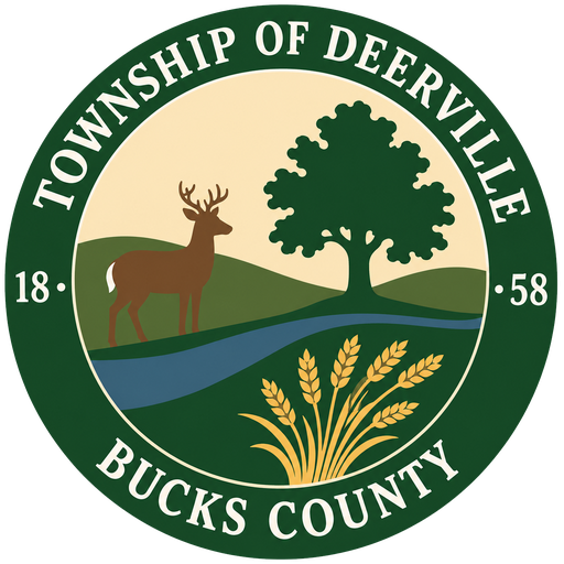 Township of Deerville, Bucks County, founded 1858 — official seal showing a deer, an oak, rolling hills, a river, and wheat.